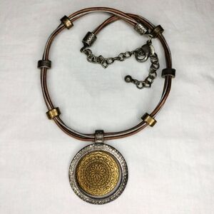 Chico's Double Round Pendant Silver Gold Tone Multi Strand Leather Rope